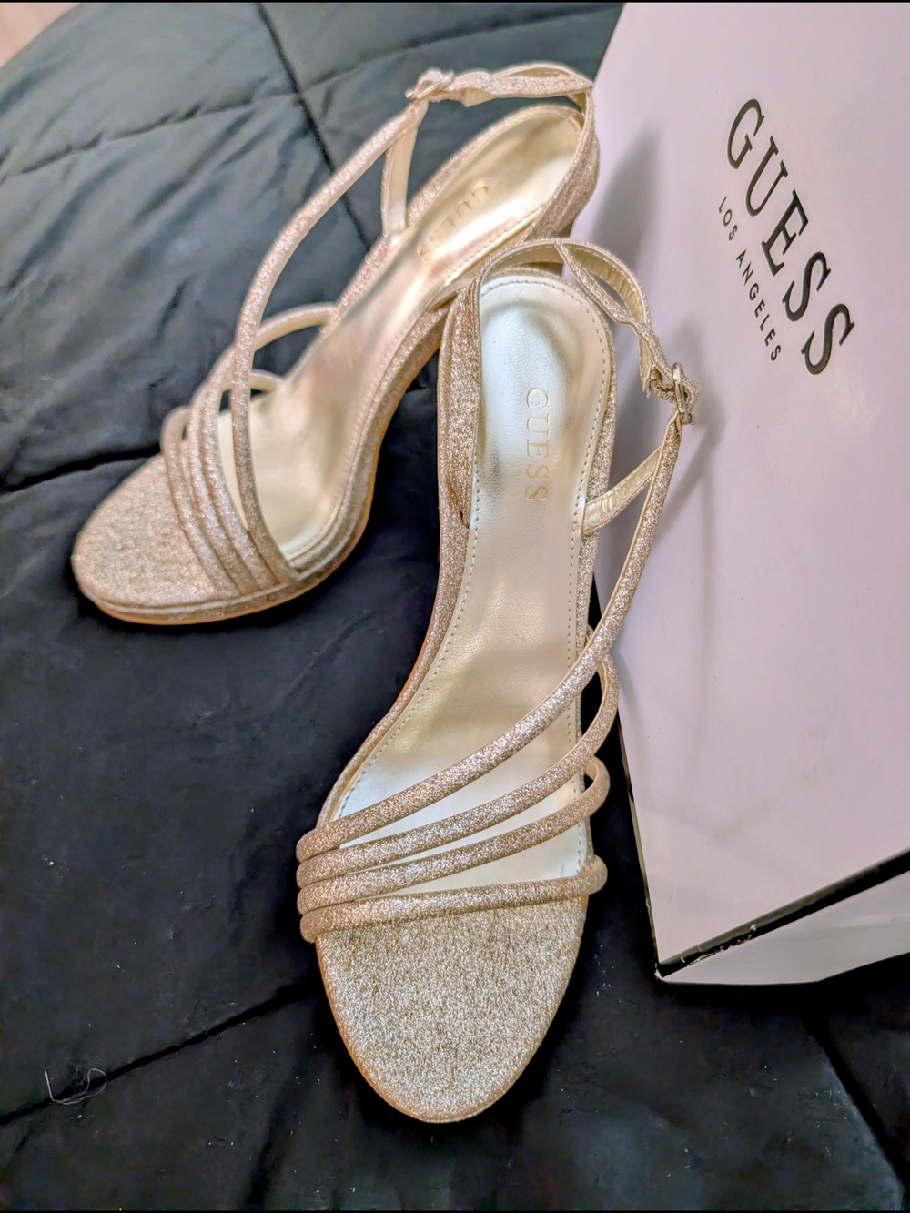 GUESS Women's Glitter Strappy Heeled Sandals - Gold